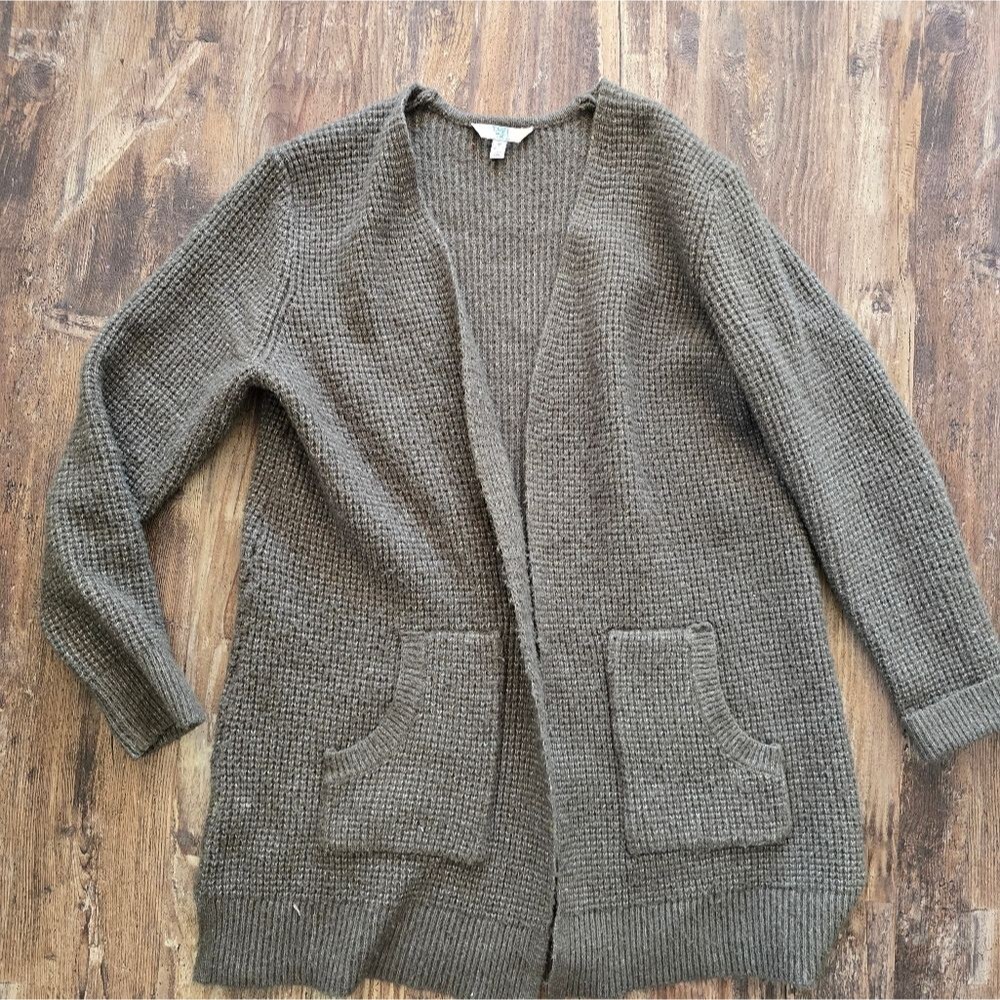Time and Tru Sweater Womens Medium Cardigan Open Knit Top Olive Green Fall